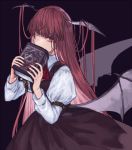  1girl arm_belt arm_garter bangs bat_wings black_background blunt_bangs book brown_skirt brown_vest bubble_skirt buckle collared_shirt commentary covering_mouth cowboy_shot dark_background demon_girl demon_wings hands_up head_wings hexagram holding holding_book juliet_sleeves koakuma layered_clothing long_hair long_skirt long_sleeves looking_at_viewer looking_to_the_side low_wings marimo_tarou messy_hair puffy_sleeves red_eyes red_hair red_nails red_neckwear shaded_face shirt skirt skirt_set solo star_of_david straight_hair touhou very_long_fingernails very_long_hair vest white_shirt wings 