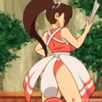  1girl animated animated_gif artist_name ass bouncing_breasts breasts brown_hair cleavage fan fatal_fury hand_on_hip highleg large_breasts looking_at_viewer looking_back open_mouth ponytail sash shiranui_mai smile solo the_king_of_fighters tree twistedgrim 