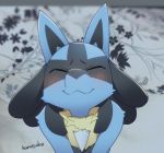  2016 :3 abstract_background ambiguous_gender anthro blue_body blue_fur blush canid canine eyes_closed fur happy harusuke lucario mammal nintendo pok&eacute;mon pok&eacute;mon_(species) signature smile solo standing text video_games 