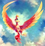  1girl banjo-kazooie bird cloud commentary green_eyes happy highres kazooie_(banjo-kazooie) koriarredondo no_humans open_mouth signature sky star_(sky) watermark web_address wings 