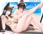  2girls animal_ears artist_name atago_(azur_lane) azur_lane bangs barefoot bikini black_hair blush bottle bow breasts brown_eyes character_name choker closed_mouth dishwasher1910 extra_ears eyebrows_visible_through_hair eyewear_on_head hair_between_eyes hair_bow hair_flaps hair_ribbon hand_on_own_leg heart heart-shaped_eyewear holding holding_bottle large_breasts leg_up long_hair looking_at_viewer lotion mole mole_under_eye multiple_girls ponytail reclining ribbon shiny shiny_skin side-tie_bikini sidelocks sitting smile striped striped_bikini sunglasses swept_bangs swimsuit takao_(azur_lane) thighs tinted_eyewear untied untied_bikini very_long_hair white_bow white_ribbon 