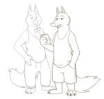  anthro bottomwear canid canine canis cellphone cheek_tuft clothed clothing disney drinking duo facial_tuft fluffy fluffy_tail fully_clothed gary_(zootopia) hand_in_pocket hi_res holding_cellphone holding_cup holding_object holding_phone inner_ear_fluff larry_(zootopia) looking_at_another mammal neck_tuft pants phone pockets shirt shorts simple_background skunkbutt_(artist) straw tank_top topwear tuft white_background wolf zootopia 