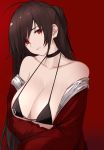  1girl ahoge alternate_costume azur_lane bangs bare_shoulders bikini black_bikini black_choker black_hair breasts choker cleavage collarbone crossed_arms hair_between_eyes head_tilt highres jacket large_breasts long_hair looking_at_viewer off_shoulder one_side_up parted_lips race_queen red_background red_eyes red_jacket rrr_ato simple_background solo swimsuit taihou_(azur_lane) 