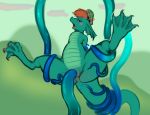  2019 4_toes absurd_res anthro anus biped bound claws color_edit colored digital_media_(artwork) ear_frill edit featureless_chest female flat_chested frill_(anatomy) green_body green_scales hair hands_behind_back hi_res loch_ness_monster long_tail looking_at_viewer membrane_(anatomy) multicolored_body multicolored_scales napalm_express nessie open_mouth orange_hair outside penetration pussy reptile rubrad scales scalie short_hair simple_background spread_legs spreading tam_o&#039;_shanter tentacle_sex tentacles thick_tail toe_claws toes two_tone_body two_tone_scales vaginal vaginal_penetration webbed_feet 