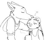  &lt;3 ambiguous_gender anthro arctic_fox black_and_white black_stripes canid canine clothed clothing disney duo ear_markings eyes_closed facial_markings fox fur head_markings holding_cup holding_object inner_ear_fluff jack_savage kissing lagomorph leporid mammal markings monochrome neck_tuft rabbit shirt simple_background skunkbutt_(artist) skye_(zootopia) stripes tank_top tired topwear tuft white_background zootopia 