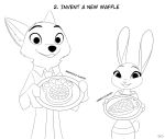  2019 anthro black_and_white canid canine clothed clothing comic disney duo english_text food fox fully_clothed holding_food holding_object inner_ear_fluff judy_hopps lagomorph leporid mammal monochrome nick_wilde plate rabbit red_fox shirt simple_background skeletonguys-and-ragdolls text topwear tuft waffle white_background zootopia 