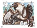  &gt;_&lt; 2019 4:3 4_toes absurd_res bazelgeuse blush brown_body brown_scales capcom claws cloud day detailed_background dialogue english_text eyes_closed female flying_wyvern hi_res long_tail looking_back megawolf77 membrane_(anatomy) membranous_wings monster_hunter mountain open_mouth outside rock scales semi-anthro sharp_teeth sitting sky solo speech_bubble spikes teeth text toe_claws toes tongue tsundere video_games white_claws wings yellow_sclera 