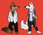  anthro barefoot black_nose bottomwear bow_tie brown_body brown_fur canid canine canis clothed clothing disney duo eyewear fluffy fluffy_tail fully_clothed fur gary_(zootopia) larry_(zootopia) looking_at_another mammal pants shirt skunkbutt_(artist) standing suit sunglasses topwear white_body white_fur wolf zootopia 