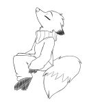  ambiguous_gender anthro barefoot black_and_white bottomwear canid canine charlie_(weaver) clothing corsac_fox dipstick_ears eyes_closed fluffy fluffy_tail fox head_tuft mammal monochrome multicolored_ears neck_tuft pack_street pants simple_background sitting skunkbutt_(artist) solo sweater topwear tuft turtleneck white_background 