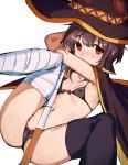  1girl bandaged_leg bandages bare_shoulders bikini black_legwear blush brown_hair button_eyes cameltoe cape covered_nipples frilled_bikini frills hat highres holding holding_staff kono_subarashii_sekai_ni_shukufuku_wo! looking_at_viewer megumin midriff mismatched_legwear navel pussy_peek red_eyes roropull short_hair simple_background single_thighhigh solo staff swimsuit thighhighs white_background witch_hat 