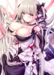  1girl azur_lane bangs between_breasts black_nails blush breasts cleavage collarbone commentary_request dress earrings eyebrows_visible_through_hair formidable_(azur_lane) frilled_dress frills hair_ribbon jewelry kabocha_usagi large_breasts long_hair long_sleeves looking_at_viewer platinum_blonde_hair red_eyes ribbon solo twintails two-tone_dress two-tone_ribbon upper_body white_background 