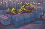  amphibian anthro bed bedroom furniture green_salamander hi_res long_tail looking_away lying male nude on_bed on_front pose safe salamander_(amphibian) seductive shiuk solo 