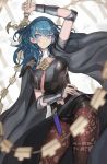  1girl arm_above_head armor blue_eyes blue_hair blurry breasts byleth_(fire_emblem) byleth_(fire_emblem)_(female) cape cowboy_shot dagger depth_of_field detached_collar fire_emblem fire_emblem:_three_houses mins_(minevi) navel navel_cutout pantyhose short_shorts shorts skirt solo sword_of_the_creator weapon whip_sword 