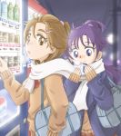  2girls :o bag blue_coat blush bookbag brand_name_imitation breath brown_eyes brown_hair brown_skirt brown_sweater coat futari_wa_precure_splash_star hair_ornament hairclip hyuuga_saki karapago long_sleeves mishou_mai multiple_girls night night_sky outdoors power_lines precure purple_hair scarf shared_scarf skirt sky standing sweater vending_machine white_scarf 