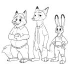  ambiguous_gender anthro barefoot black_and_white bottomwear canid canine cheek_tuft claws clothed clothing dipstick_ears disney facial_tuft fluffy fluffy_tail fox fully_clothed gideon_grey group hands_in_pockets hi_res inner_ear_fluff judy_hopps lagomorph leporid mammal monochrome multicolored_ears necktie nick_wilde pants pockets police_uniform rabbit red_fox shirt simple_background skunkbutt_(artist) standing toe_claws toeless_legwear topwear tuft uniform white_background zootopia 