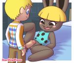  2019 animal_crossing anthro bonbon_(animal_crossing) bottomwear clothed clothing duo erection female fur human human_on_anthro interspecies lagomorph leporid lying male male/female mammal nintendo open_mouth penis pussy rabbit smile spread_legs spreading standing starshippizza topwear video_games villager_(animal_crossing) 