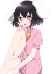  1girl :3 animal_ears black_hair blush bright_pupils bunny_ears carrot_necklace commentary_request dress eyebrows_visible_through_hair fang feet_out_of_frame finger_to_cheek hair_between_eyes hand_on_own_knee high_collar highres inaba_tewi index_finger_raised knee_to_chest looking_at_viewer open_mouth partial_commentary pink_dress puffy_short_sleeves puffy_sleeves red_eyes short_hair short_sleeves simple_background sitting skin_fang solo touhou tsukimirin white_background white_pupils 