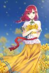  1girl :d bangs bare_arms blue_sky blurry blush bow breasts chuuka_ichiban! day eyebrows_visible_through_hair feet_out_of_frame floating_hair flower green_bow green_eyes highres holding holding_flower itsuki_(yishu) long_hair long_skirt looking_at_viewer low-tied_long_hair low_twintails mei_li open_mouth petals red_hair sash shirt short_sleeves skirt sky smile solo standing toggles twintails white_shirt wind yellow_flower yellow_skirt 