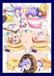 1girl absurdres ahoge azur_lane bangs barefoot black_bow black_ribbon blueberry blush bow bread chibi commentary_request cream criss-cross_halter cup detached_sleeves doughnut dress eating eyebrows_visible_through_hair food fork french_cruller fruit hair_bun hair_ribbon halterneck highres holding holding_spoon in_container in_cup jar knife lifebuoy long_hair long_sleeves multiple_views no_shoes okura00 one_side_up pancake parted_lips pennant plate profile purple_eyes purple_hair ribbon saucer side_bun sleeves_past_wrists slice_of_bread soles spoon stack_of_pancakes strawberry string_of_flags stuffed_alicorn stuffed_animal stuffed_toy sugar_cube tea teacup thighhighs translation_request unicorn_(azur_lane) very_long_hair white_dress white_legwear white_sleeves 