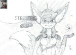  2019 alien anthro atom big_ears breasts canid canine clothed clothing female fox fully_clothed hi_res looking_at_viewer mammal monochrome solo space standing stellaris text traditional_media_(artwork) video_games yanzihko 