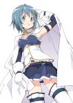  1girl blue_eyes blue_hair blue_skirt blush cape closed_mouth elbow_gloves fortissimo fortissimo_hair_ornament frilled_shirt frills gloves hair_ornament ixy looking_at_viewer magical_girl mahou_shoujo_madoka_magica midriff miki_sayaka musical_note_hair_ornament pleated_skirt shirt short_hair skirt smile solo standing thighhighs white_background white_cape white_gloves white_legwear zettai_ryouiki 
