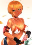  1girl bikini_top black_gloves blonde_hair blue_eyes breasts cleavage dark_skin fingerless_gloves food gloves highres holding holding_knife knife large_breasts licking_lips looking_at_viewer meat mito_ikumi shokugeki_no_souma short_hair simple_background solo solo07450075 tongue tongue_out 