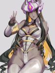  arm_behind_back bare_hips bare_shoulders black_hair breasts cleavage cleavage_cutout closed_mouth commentary dark_skin detached_sleeves drill expressionless fingernails grey_background groin hair_ornament highleg highleg_leotard highres horn_ornament horns kumiko_shiba large_breasts league_of_legends leotard long_fingernails long_hair long_sleeves looking_at_viewer multicolored_hair nail_polish o-ring_leotard orange_hair pink_nails simple_background sitting syndra thighhighs two-tone_hair very_long_hair white_legwear white_leotard yellow_eyes 