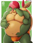  2019 absurd_res anthro appletun belly bulge clothing green_body hi_res male moobs naughtybigdog navel nintendo overweight overweight_male pok&eacute;mon pok&eacute;mon_(species) scalie solo tongue tongue_out underwear video_games 