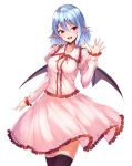  1girl :d bangs bat_wings black_legwear blue_hair blush breasts center_frills commentary cowboy_shot dress eyebrows_visible_through_hair frilled_shirt_collar frills hair_between_eyes hand_up highres juliet_sleeves junior27016 long_sleeves looking_at_viewer medium_breasts no_hat no_headwear open_mouth pink_dress pointy_ears puffy_sleeves red_eyes remilia_scarlet short_hair simple_background smile solo standing thighhighs touhou white_background wings zettai_ryouiki 