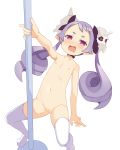  1girl absurdres bow disgaea flat_chest hair_bow hair_ornament highres jewelry lavender_hair long_hair looking_at_viewer majorita_(disgaea) makai_senki_disgaea_5 makai_wars navel nipples nude open_mouth pointy_ears pole_dancing purple_bow pussy red_eyes shishigaj5 simple_background skull_hair_ornament smile solo thighhighs twintails uncensored white_background zombie_(disgaea) 