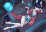  animal_ears bare_legs barefoot black_hair breasts cleavage_cutout collarbone daidailong double_bun eyeshadow fox_ears fox_mask hair_ornament hakujaden hime_cut kitsune looking_at_viewer lying makeup mask small_breasts snake tatami thighs white_snake 