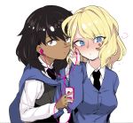  andou_(girls_und_panzer) aomushi_(mushamusha) bc_freedom_school_uniform black_hair blonde_hair blue_eyes blush dark_skin earphones girls_und_panzer hand_on_another&#039;s_face highres necktie oshida_(girls_und_panzer) school_uniform sweater sweater_around_neck yuri 