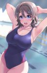  :o armpits arms_behind_head arms_up bare_hips blue_eyes blurry blurry_background blush breasts brown_hair cleavage collarbone commentary competition_swimsuit cowboy_shot depth_of_field eyebrows_visible_through_hair hair_between_eyes highres igarashi_kyouhei large_breasts looking_at_viewer love_live! love_live!_sunshine!! one-piece_swimsuit open_mouth pool purple_swimsuit round_teeth short_hair skindentation swimsuit tareme teeth upper_teeth watanabe_you 