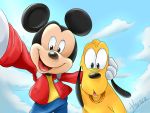  2019 4:3 anthro black_ears black_nose canid canine canis clothed clothing collar day disney domestic_dog duo feral gloves handwear harara hi_res hoodie looking_at_viewer mammal mickey_mouse mouse murid murine open_mouth open_smile outside pluto_(disney) rodent round_ears selfie signature sky smile topwear white_clothing white_gloves yellow_body 