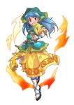 1girl alphes_(style) apron aqua_apron arm_ribbon between_fingers blue_hair blue_ribbon chisel dairi dress eyebrows_visible_through_hair fire full_body green_headwear haniyasushin_keiki head_scarf highres jewelry long_hair looking_at_viewer magatama magatama_necklace necklace open_mouth parody pocket puffy_short_sleeves puffy_sleeves purple_eyes ribbon sandals short_sleeves solo style_parody tachi-e tears tools torn_clothes torn_dress touhou transparent_background wood_carving_tool yellow_dress 