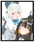  2girls :p bangs black_hair blush bow braid breasts caws_(girls_frontline) coat double_v dress elbow_gloves eyebrows_visible_through_hair girls_frontline gloves goggles hair_between_eyes hair_bow highres hood hood_down juliet_sleeves juz long_hair long_sleeves looking_at_viewer makeup medium_breasts multiple_girls open_clothes open_coat puffy_sleeves red_eyes self_shot short_hair sidelocks silver_hair striped tokarev_(girls_frontline) tongue tongue_out topknot v yellow_eyes 