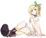  1girl bare_shoulders black_choker black_hairband blonde_hair boots brown_footwear choker closed_mouth edna_(tales) full_body green_eyes green_hairband hairband ixy looking_at_viewer off_shoulder short_hair side_ponytail simple_background sitting solo tales_of_(series) tales_of_zestiria white_background 