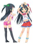  1girl :d arm_warmers arms_up bandeau bangs bare_shoulders barefoot belt belt_buckle black_hair black_legwear blue_belt blush bow breasts buckle closed_mouth commentary_request eyebrows_visible_through_hair green_eyes green_ribbon hair_bow hair_ribbon kimagure_blue long_hair looking_at_viewer midriff multiple_views navel no_shoes open_mouth original pink_bow pink_shorts pleated_skirt profile red_bow red_skirt ribbon shirt short_shorts shorts simple_background skirt sleeveless sleeveless_shirt small_breasts smile strapless striped thighhighs two_side_up very_long_hair white_background white_shirt 