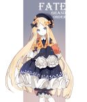  1girl abigail_williams_(fate/grand_order) adapted_costume bangs black_bow black_dress black_headwear blonde_hair blue_eyes bow capelet closed_mouth commentary copyright_name dress eyebrows_visible_through_hair fate/grand_order fate_(series) forehead hair_bow hat long_hair long_sleeves looking_at_viewer mitu_yang object_hug orange_bow orange_capelet parted_bangs polka_dot polka_dot_bow sleeves_past_fingers sleeves_past_wrists smile solo stuffed_animal stuffed_toy symbol_commentary teddy_bear thighhighs very_long_hair white_legwear 