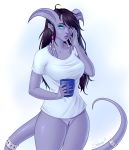  blizzard_entertainment blue_eyes bottomless breasts clothed clothing draenei ear_piercing ear_ring female glowing glowing_eyes glowing_tattoo horn humanoid humanoid_pointy_ears jewelry long_tail looking_at_viewer not_furry piercing pussy shirt sienna simple_background solo t-shirt tail_ring tattoo tentacle_ring tentacles topwear video_games warcraft white_background 