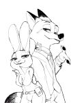  anthro black_and_white bottomwear breasts canid canine claws clothed clothing collar dipstick_ears disney duo female fox fully_clothed hi_res judy_hopps lagomorph leporid looking_at_viewer mammal mitsuharu monochrome multicolored_ears necktie nick_wilde pants pawpads rabbit red_fox shirt shock_collar simple_background smile topwear white_background zootopia 