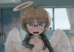  1girl air_conditioner angel angel_wings bangs blue_eyes blush braid brown_hair cactus curtains day ebimomo eyebrows_visible_through_hair fangs glasses halo indoors jacket long_hair open_clothes open_jacket open_mouth original solo tank_top twin_braids window wings 