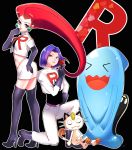  blue_eyes blue_hair green_eyes kojirou_(pokemon) meowth musashi_(pokemon) nomaru pokemon pokemon_(anime) pokemon_(creature) red_hair team_rocket wobbuffet 