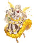  1girl :d blonde_hair blue_eyes breasts choker cleavage dress dress_lift flower frilled_dress frills full_body hair_flower hair_ornament half-closed_eyes harp high_heels instrument ji_no large_breasts long_hair looking_at_viewer official_art open_mouth petals rapunzel_(sinoalice) rose sinoalice smile solo transparent_background upper_teeth yellow_flower yellow_rose 