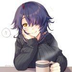  1girl alternate_costume artist_name black_sweater blush breast_rest breasts brown_eyes closed_mouth coffee coffee_mug cup eyepatch hair_over_one_eye hand_on_own_cheek highres kantai_collection kotobuki_(momoko_factory) large_breasts long_sleeves looking_at_viewer messy_hair mug purple_hair short_hair solo speech_bubble sweater tenryuu_(kantai_collection) translation_request twitter_username upper_body 