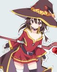  1girl bandaged_leg bandages belt black_gloves black_legwear blue_background blush brown_cape brown_hair cape closed_mouth fingerless_gloves gloves hat ixy kono_subarashii_sekai_ni_shukufuku_wo! looking_at_viewer megumin mismatched_legwear red_eyes short_hair single_thighhigh smile solo staff thighhighs thighs witch_hat 