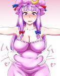  1girl anger_vein angry armpits bangs belly_grab blue_ribbon blunt_bangs bow breasts collarbone crescent disembodied_hands embarrassed eyebrows_visible_through_hair gradient gradient_background groping hat highres large_breasts lips long_hair mob_cap navel nightgown outstretched_arms patchouli_knowledge plump purple_eyes purple_hair red_ribbon ribbon shiraue_yuu sidelocks sweat teeth touhou 