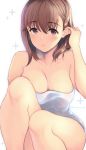  1girl anegasaki_nene bangs bare_arms bare_shoulders blush breasts brown_hair cleavage collarbone commentary_request eyebrows_visible_through_hair hair_tucking highres knees_up large_breasts looking_at_viewer love_plus masaoka_misaki mole mole_under_eye naked_towel parted_lips plus_sign purple_eyes short_hair sitting smile solo thighs towel twitter_username water_drop wet 