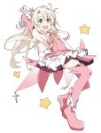  1girl :d armpits arms_behind_head blonde_hair boots cross fate/kaleid_liner_prisma_illya fate_(series) feathers full_body gloves illyasviel_von_einzbern ixy long_hair magical_girl open_mouth pink_eyes pink_footwear pink_legwear prisma_illya simple_background skirt smile solo star thighhighs white_background white_gloves 