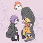  1boy 2girls aru_u1g blush emiya_shirou fate/grand_order fate/stay_night fate_(series) fujimaru_ritsuka_(female) hair_ribbon homurahara_academy_uniform long_sleeves matou_sakura multiple_girls orange_hair purple_background purple_eyes purple_hair raglan_sleeves red_ribbon ribbon scrunchie short_hair smile star starry_background yellow_eyes 